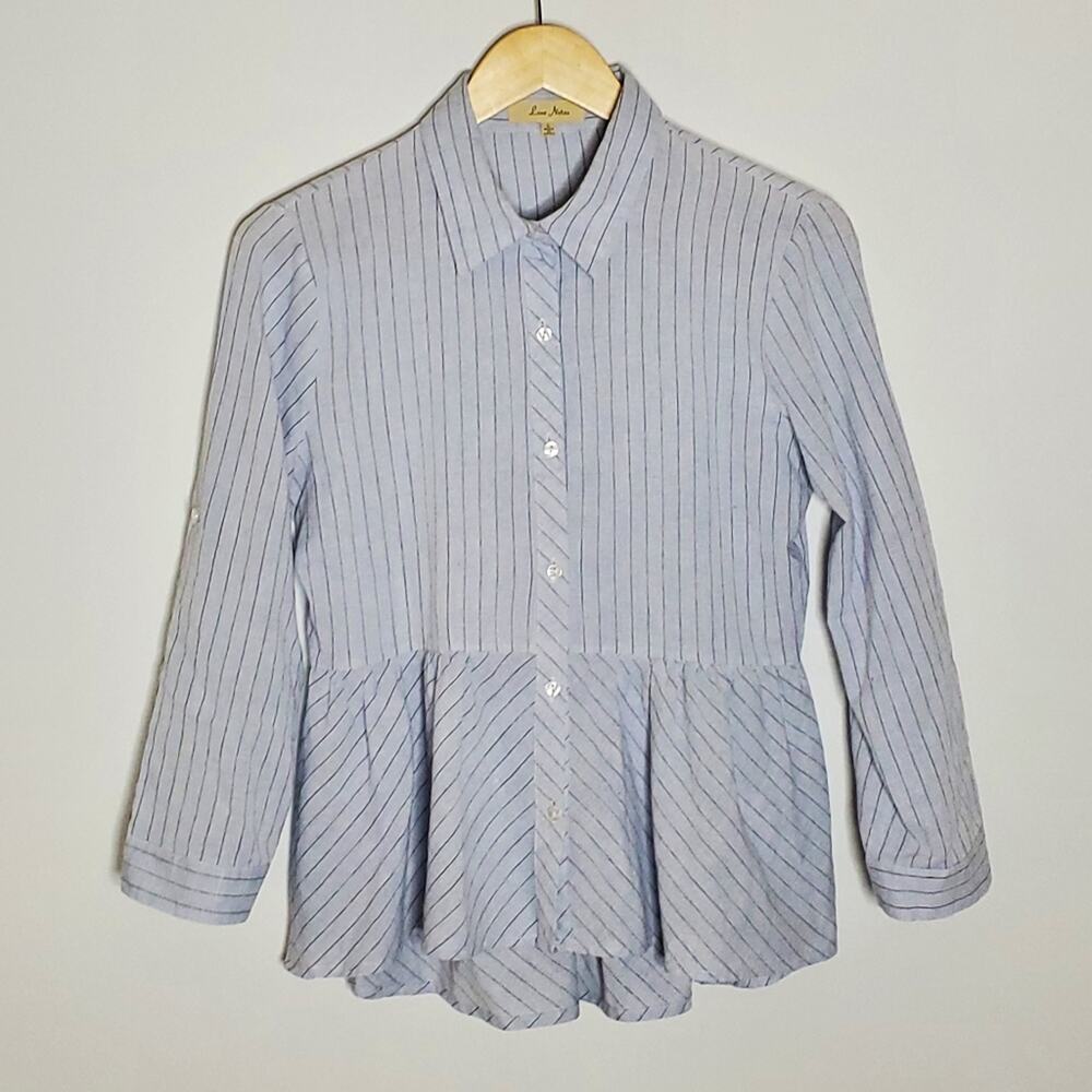 Love Notes Blue striped button up peplum lightweight cotton casual Shirt
